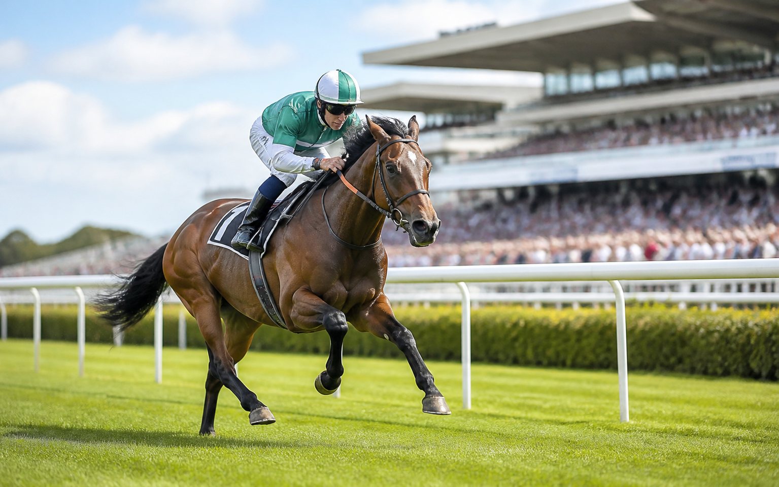 Racehorse running on a UK racecourse for race day coach hire