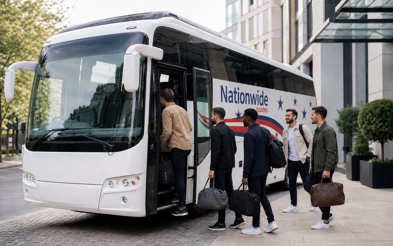 Stag party group boarding a Nationwide Coaches vehicle
