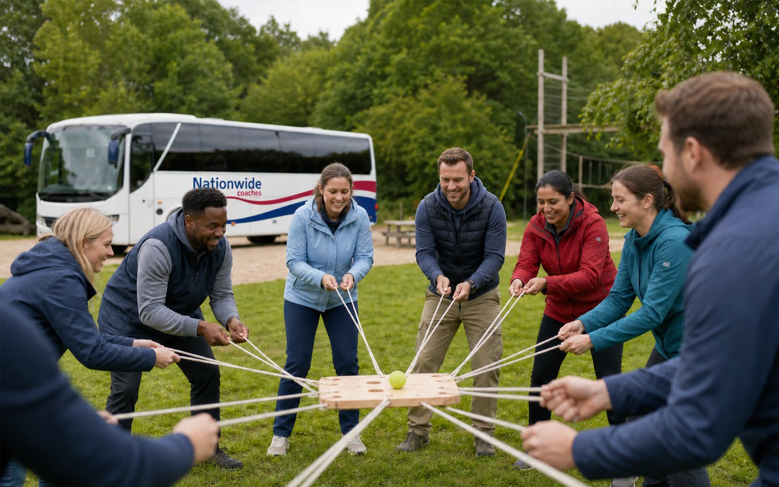 Corporate team-building group with a Nationwide Coaches vehicle nearby